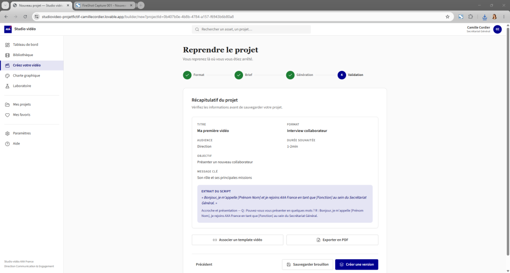 Lovable - Projet fictif - Studio vidéo AXA France - Validation brief