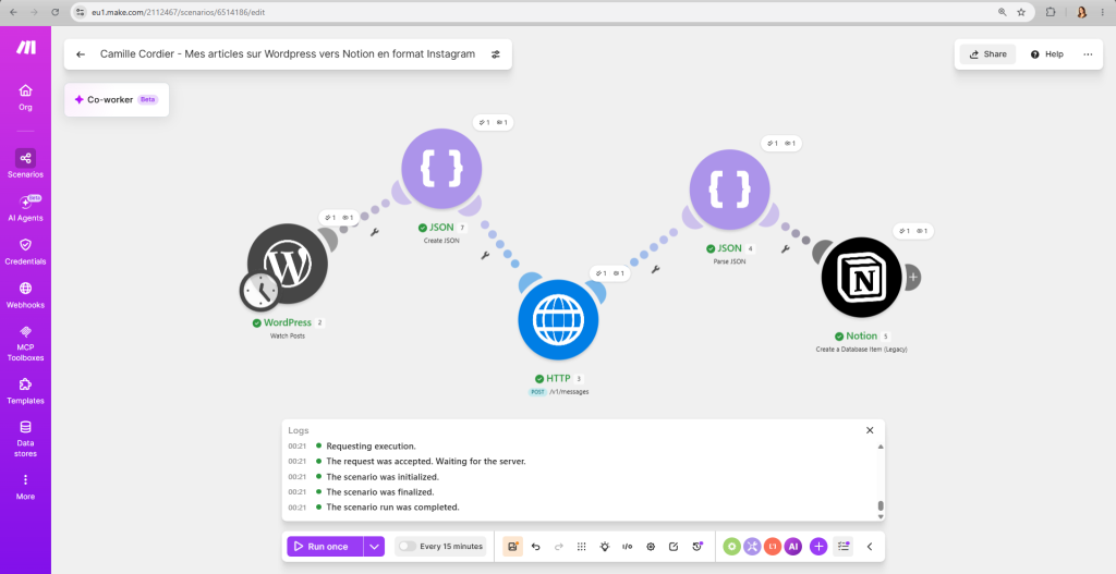 Make - Automatisation - Articles WordPress pour Instagram vers BDD Notion - MAKE